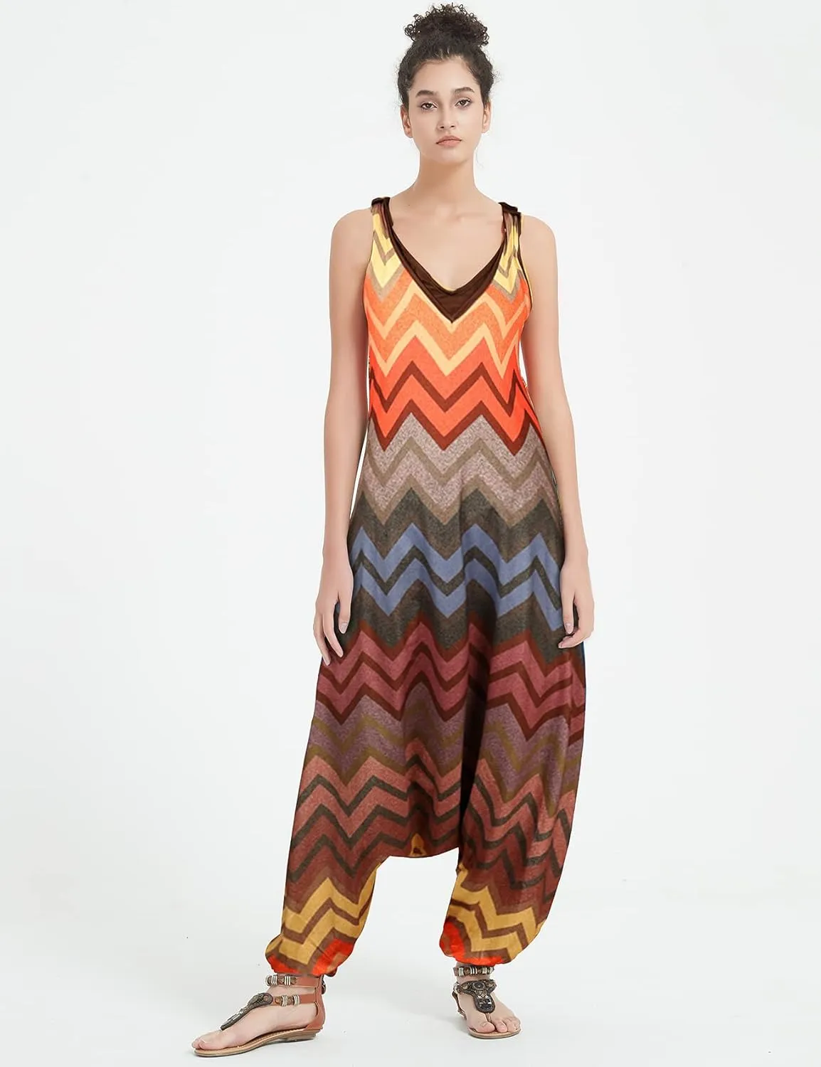 Gihuo Harem Jumpsuit for Women Boho Floral Beach Tie Dye Backless Jumpsuit Rompers