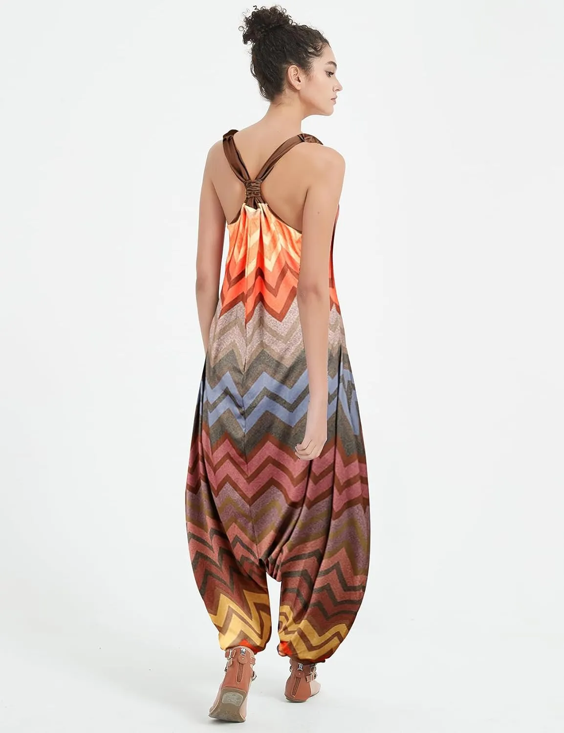 Gihuo Harem Jumpsuit for Women Boho Floral Beach Tie Dye Backless Jumpsuit Rompers
