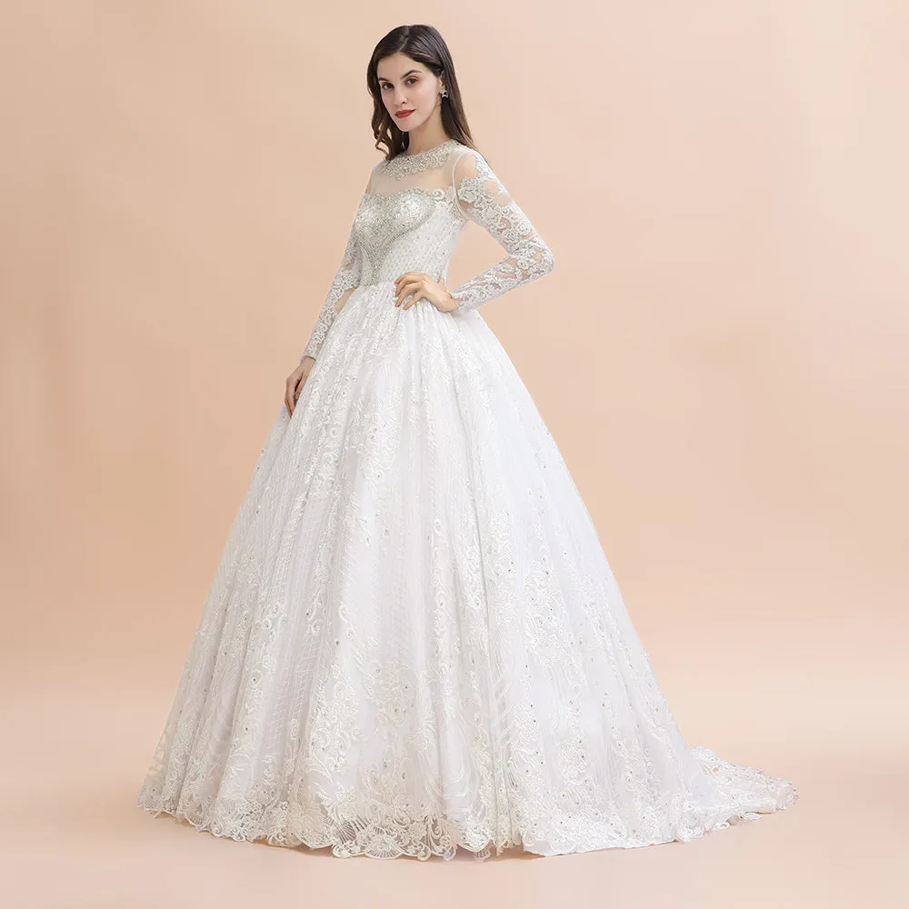 Glamorous Long Sleeve Beads White/Ivory Lace Appliques Wedding Dress