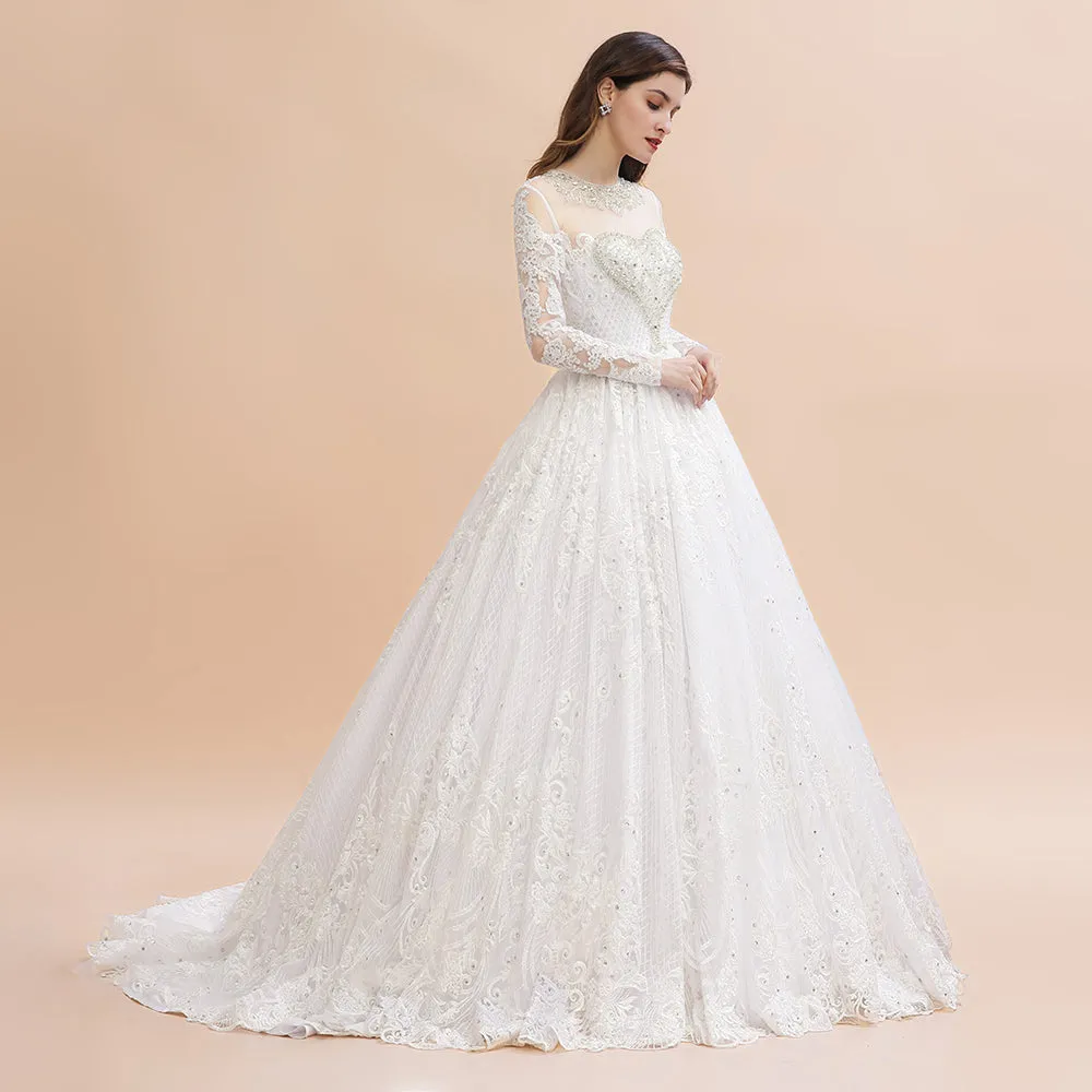 Glamorous Long Sleeve Beads White/Ivory Lace Appliques Wedding Dress