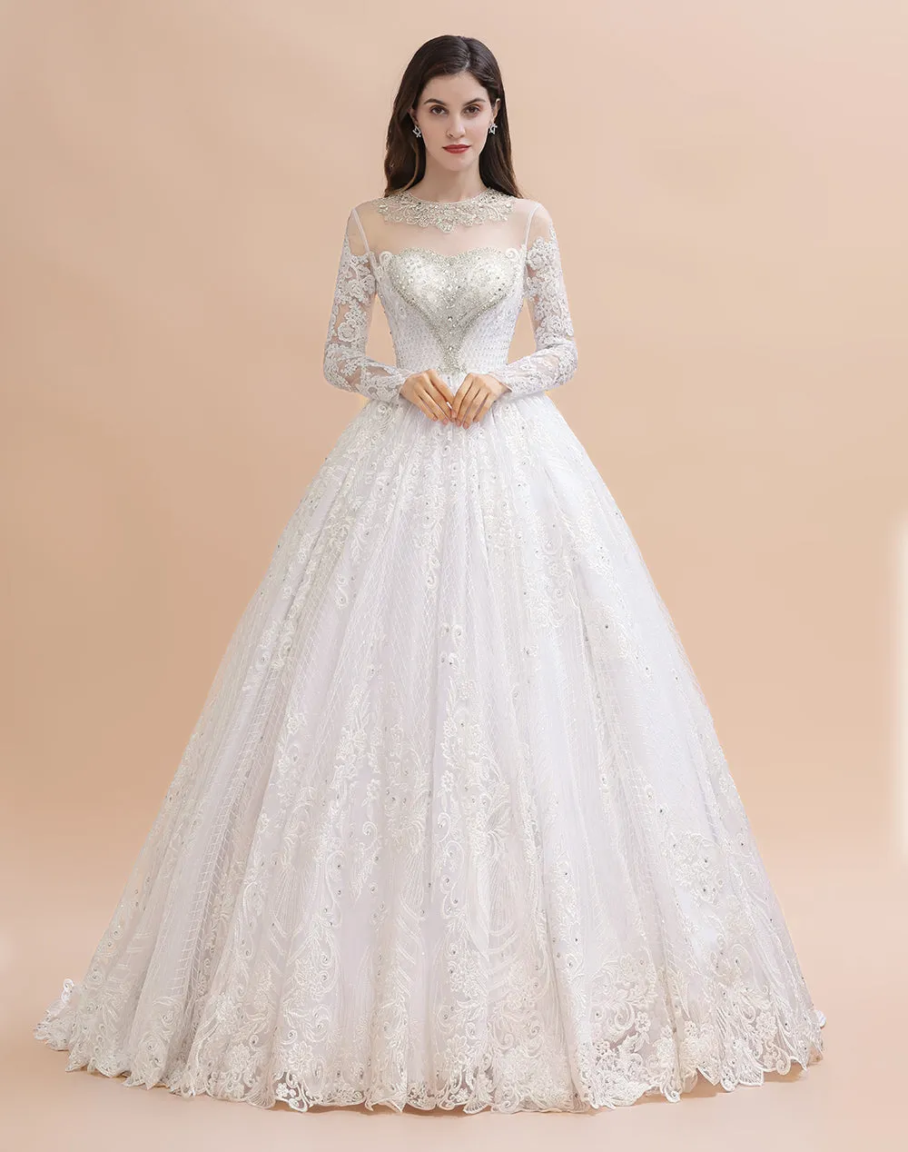 Glamorous Long Sleeve Beads White/Ivory Lace Appliques Wedding Dress