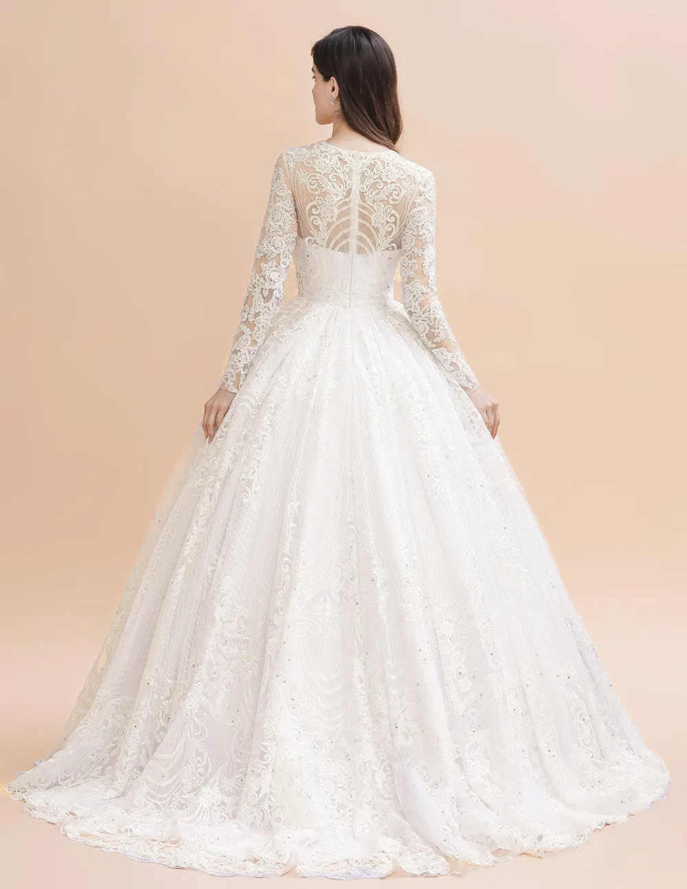 Glamorous Long Sleeve Beads White/Ivory Lace Appliques Wedding Dress