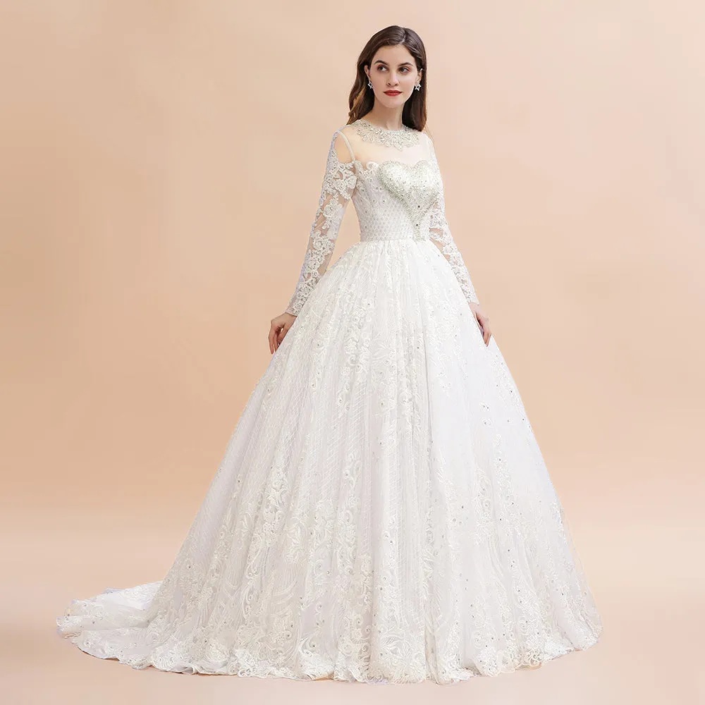 Glamorous Long Sleeve Beads White/Ivory Lace Appliques Wedding Dress