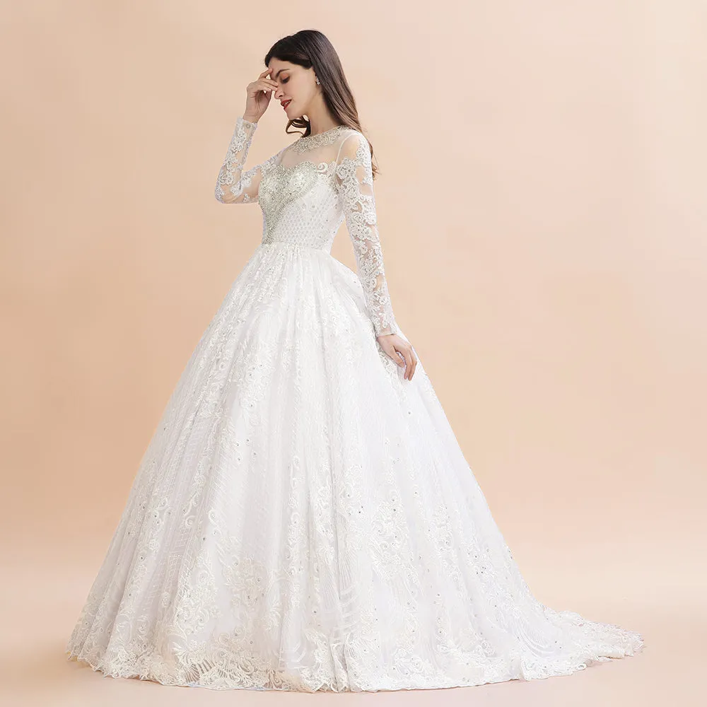 Glamorous Long Sleeve Beads White/Ivory Lace Appliques Wedding Dress