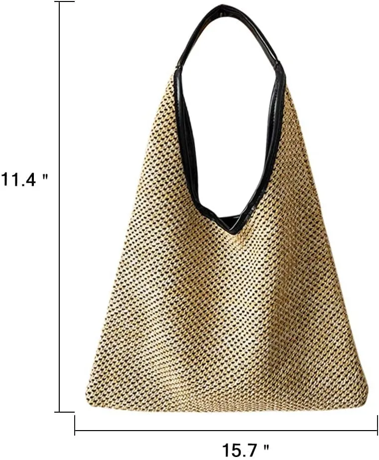 Hand-woven Straw Shoulder Bag Boho Black Leather Top Handle Tote Retro Summer Beach Bag Holiday Travel Handbag