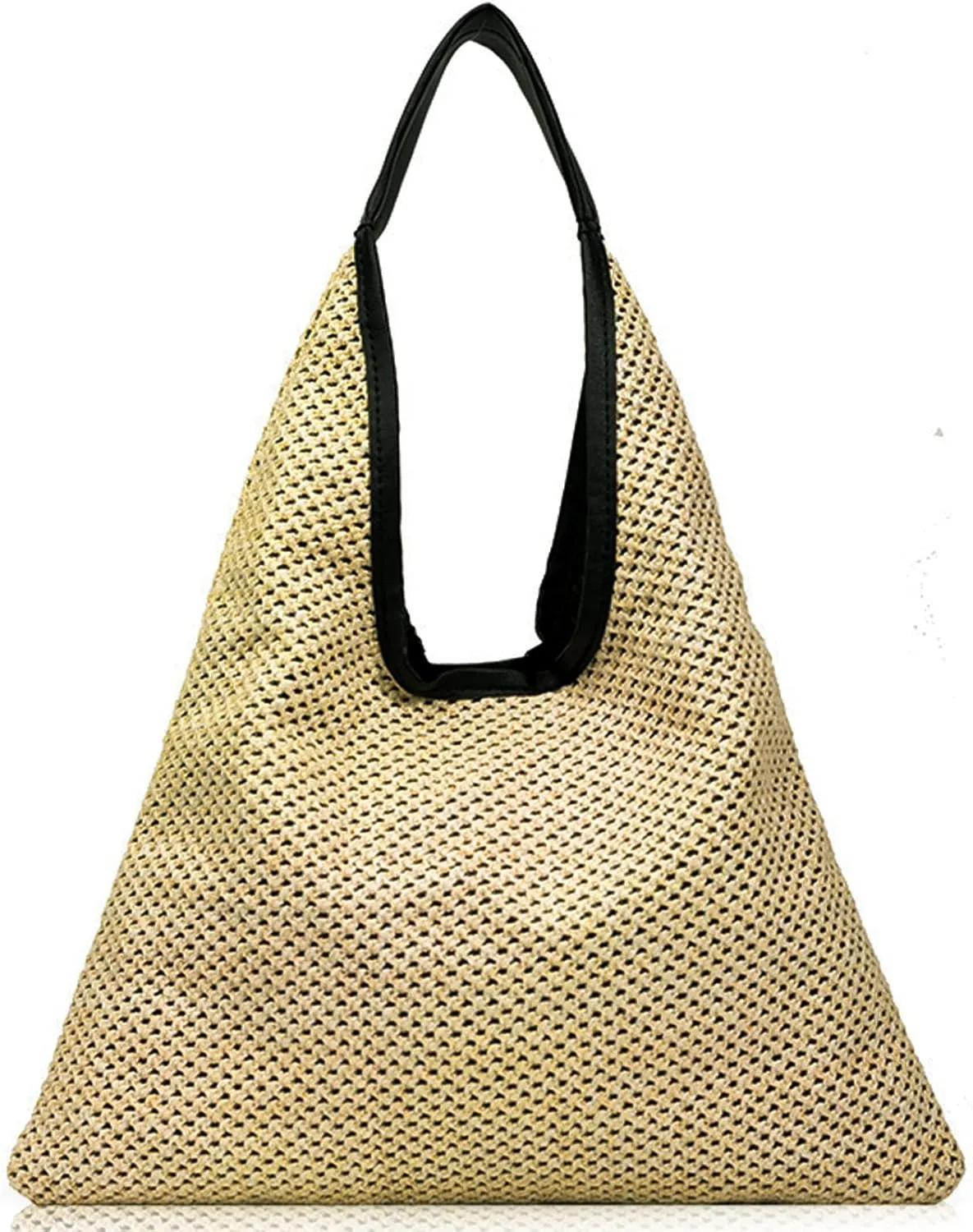 Hand-woven Straw Shoulder Bag Boho Black Leather Top Handle Tote Retro Summer Beach Bag Holiday Travel Handbag