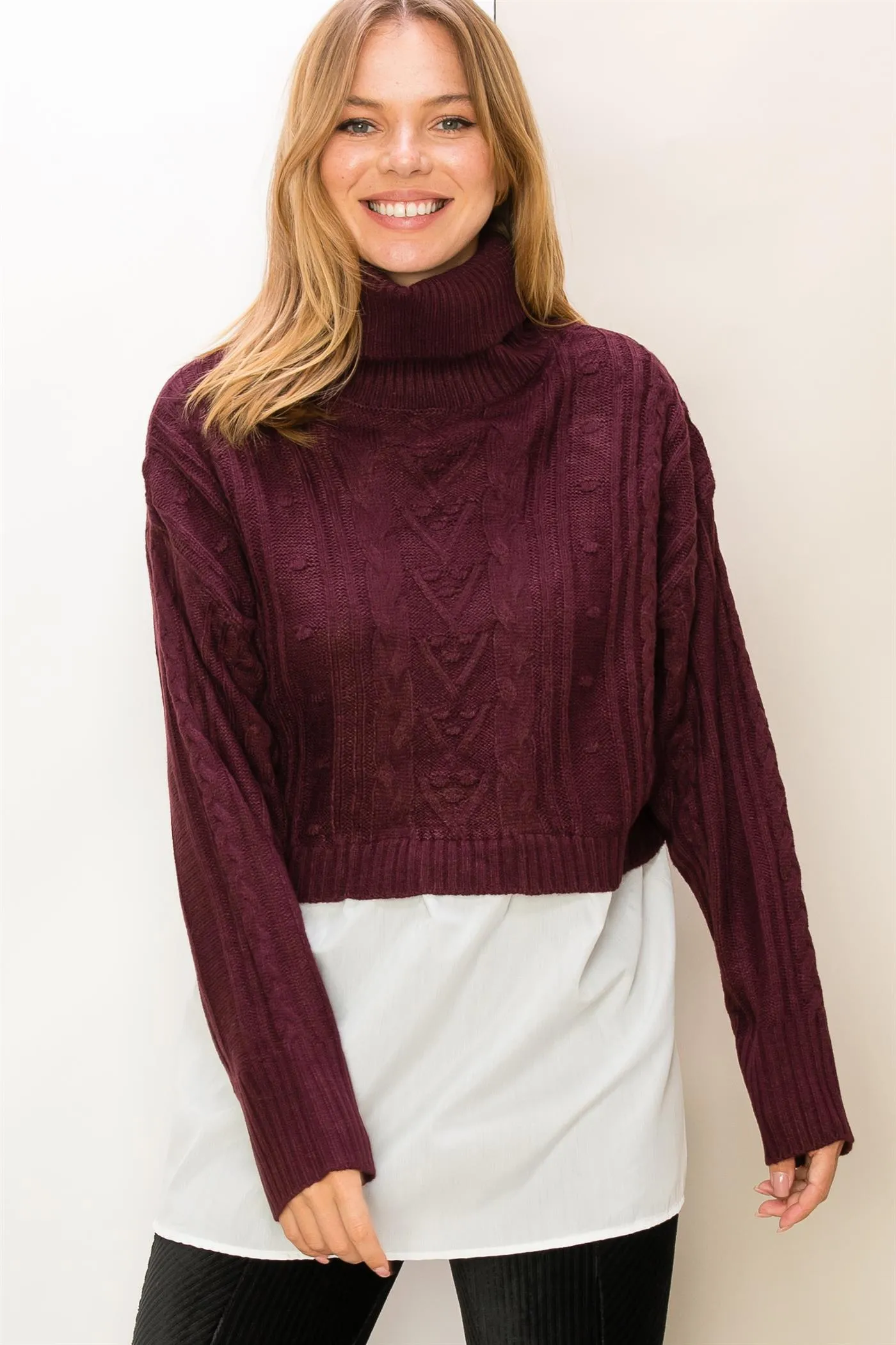 HF23F834-Mixed Media Cable Knit Turtleneck Top