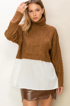 HF23F834-Mixed Media Cable Knit Turtleneck Top