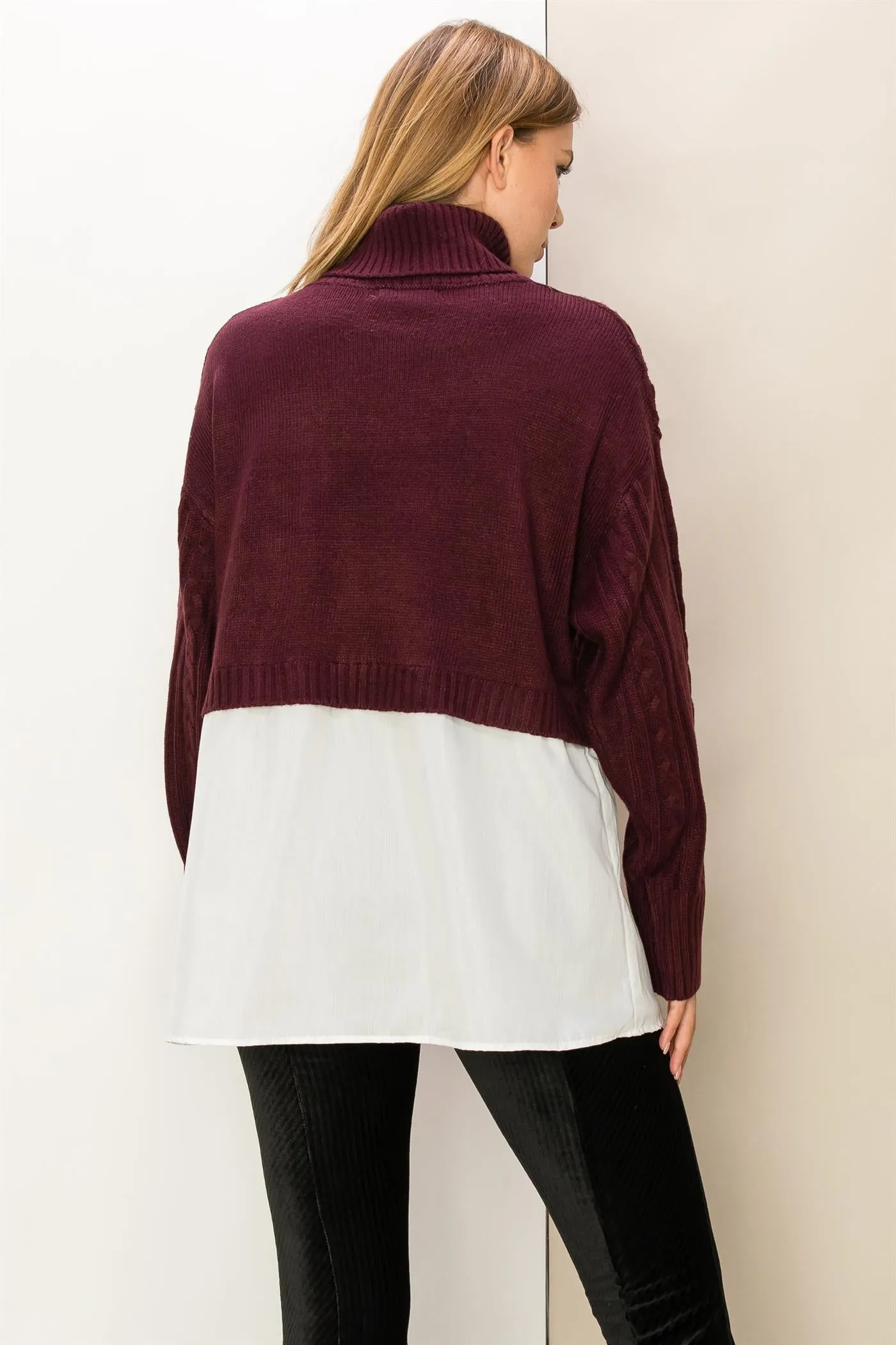HF23F834-Mixed Media Cable Knit Turtleneck Top