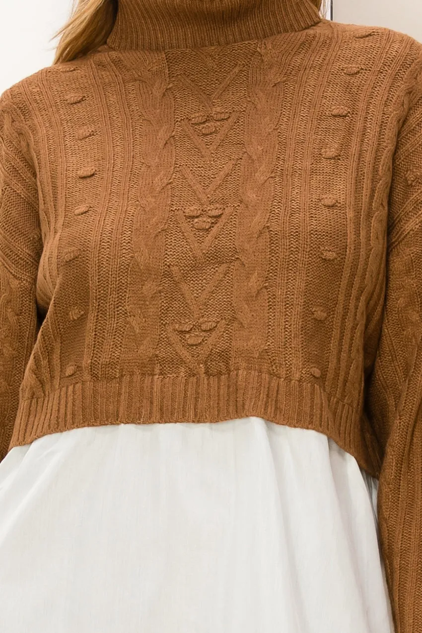 HF23F834-Mixed Media Cable Knit Turtleneck Top