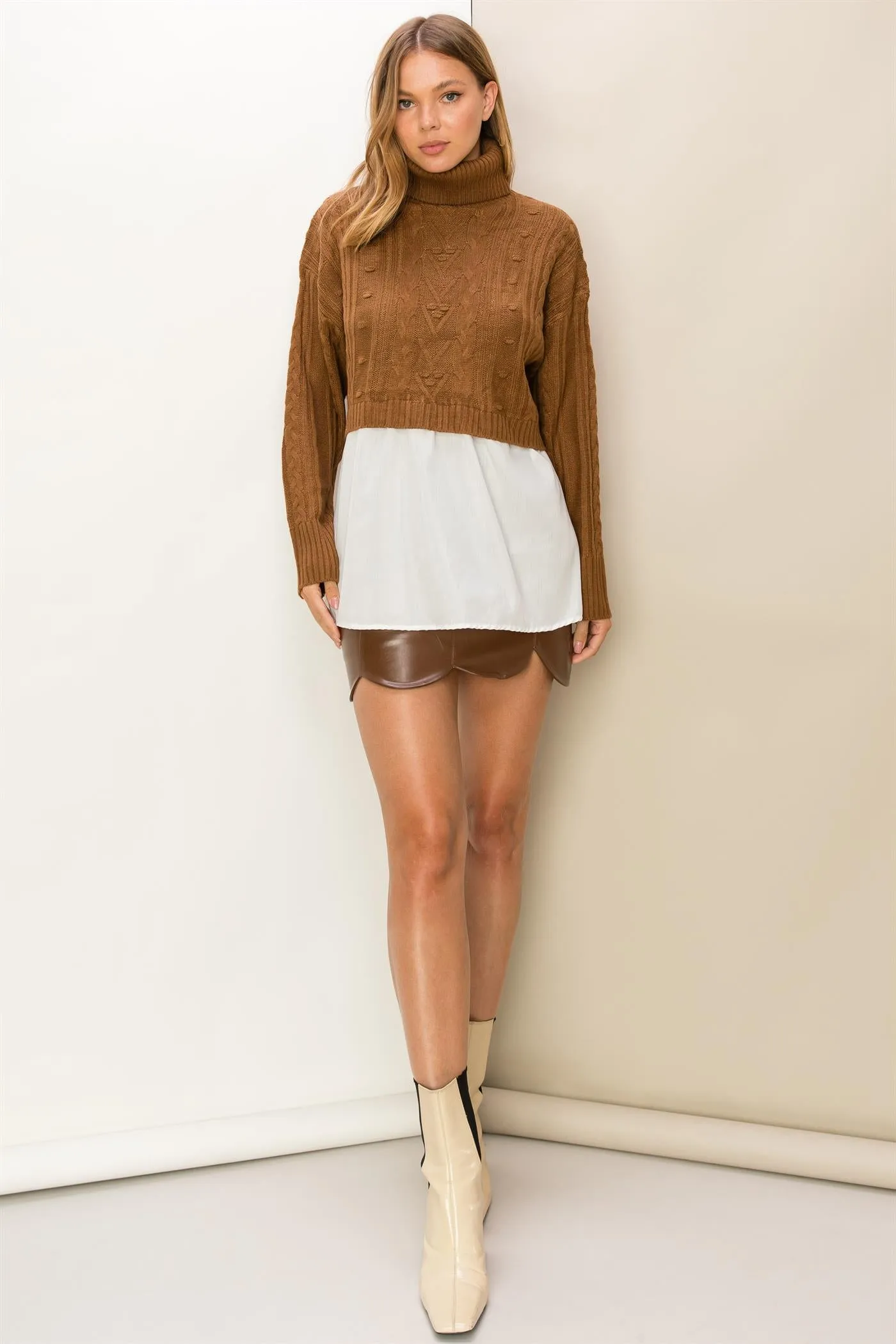 HF23F834-Mixed Media Cable Knit Turtleneck Top