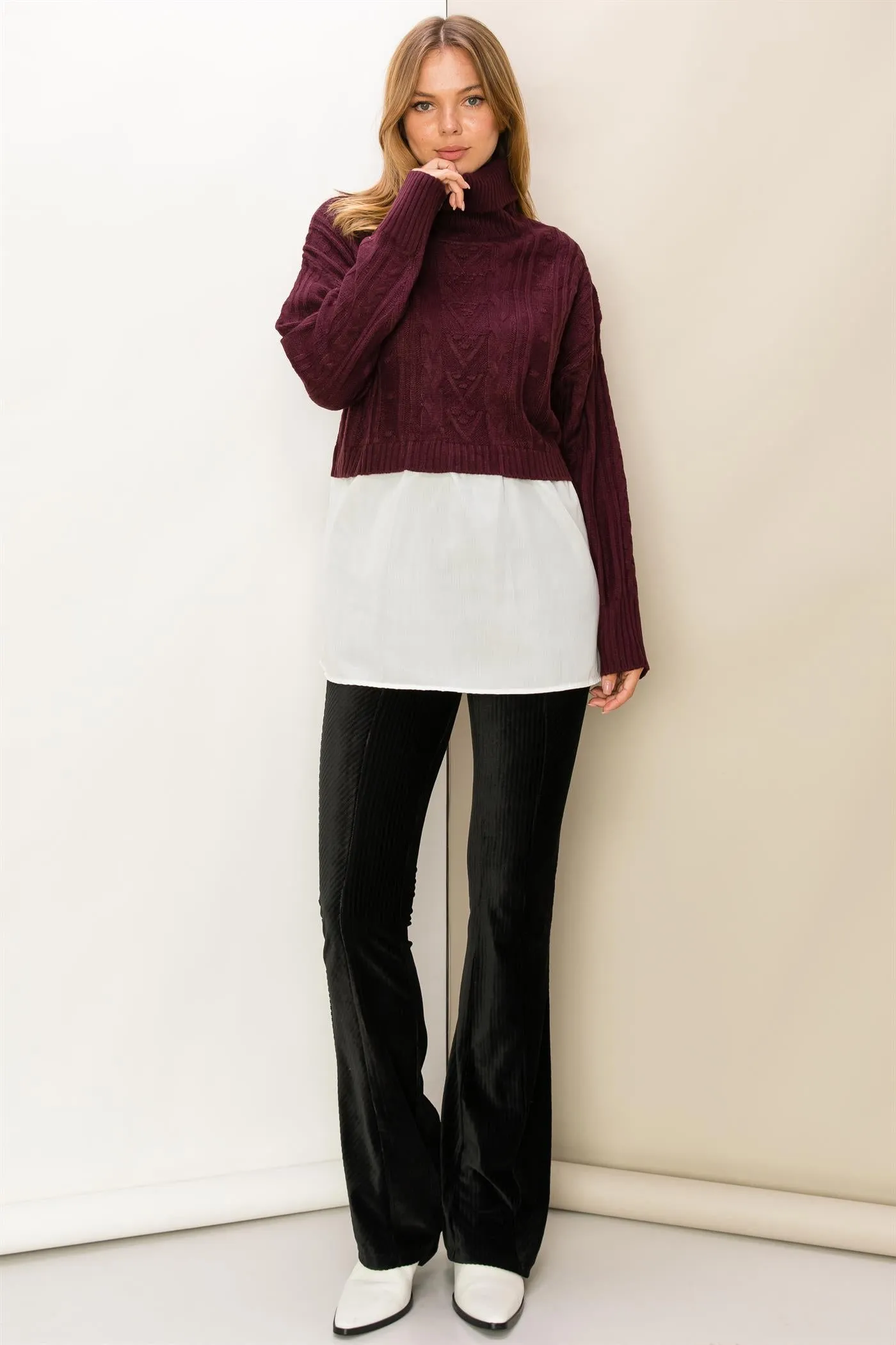 HF23F834-Mixed Media Cable Knit Turtleneck Top