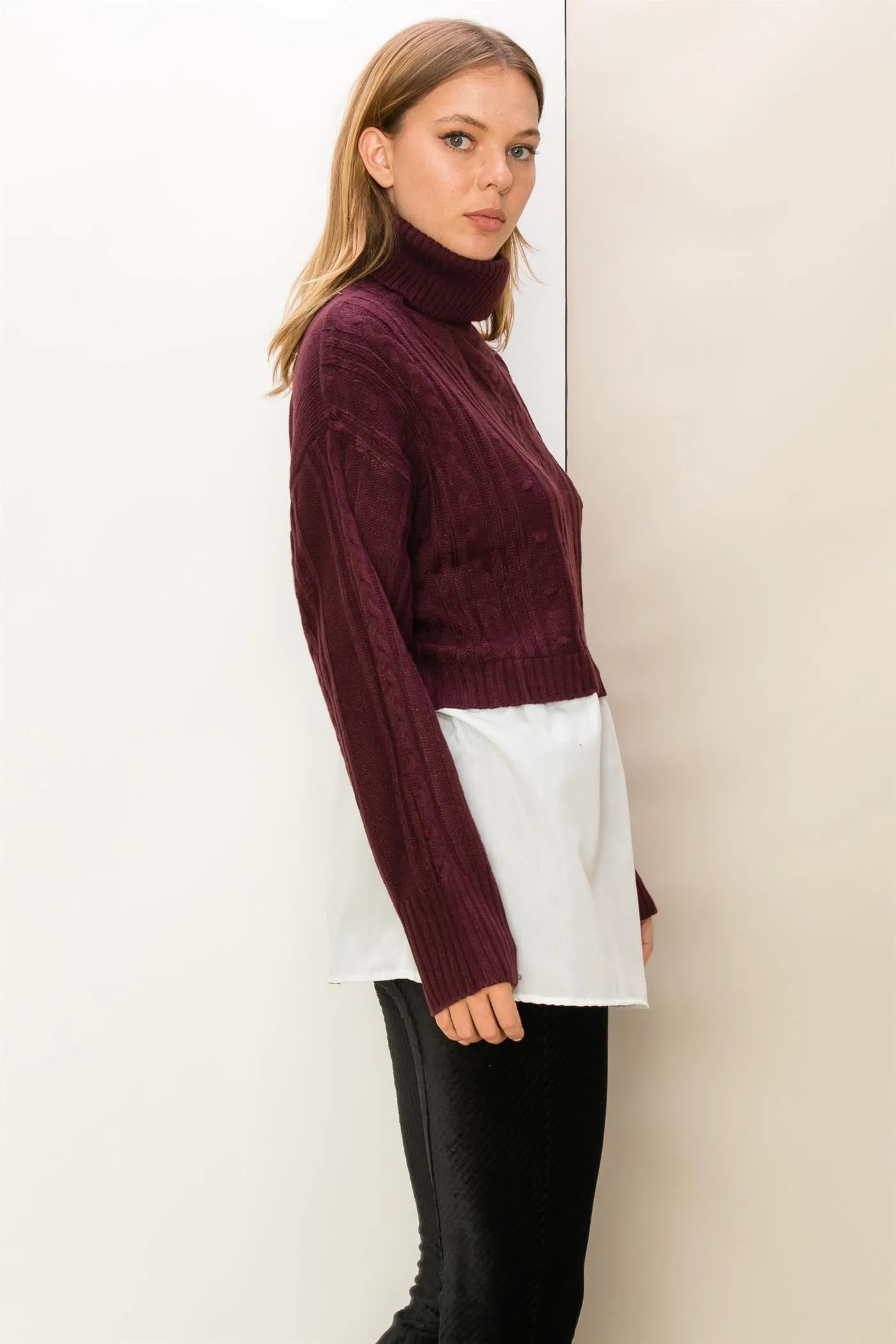 HF23F834-Mixed Media Cable Knit Turtleneck Top