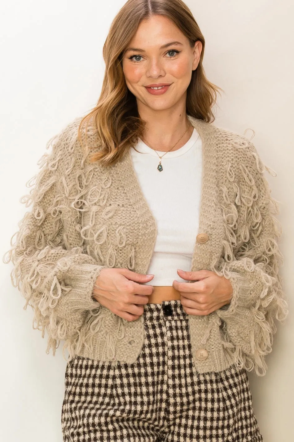 HF23G450-Fringe  Detail Sweater Cardigan