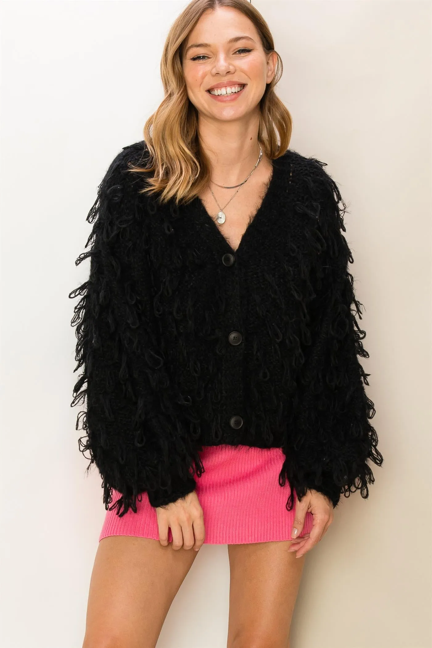 HF23G450-Fringe  Detail Sweater Cardigan