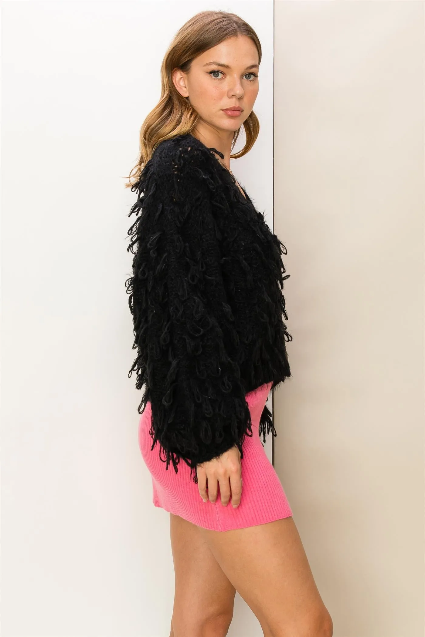 HF23G450-Fringe  Detail Sweater Cardigan