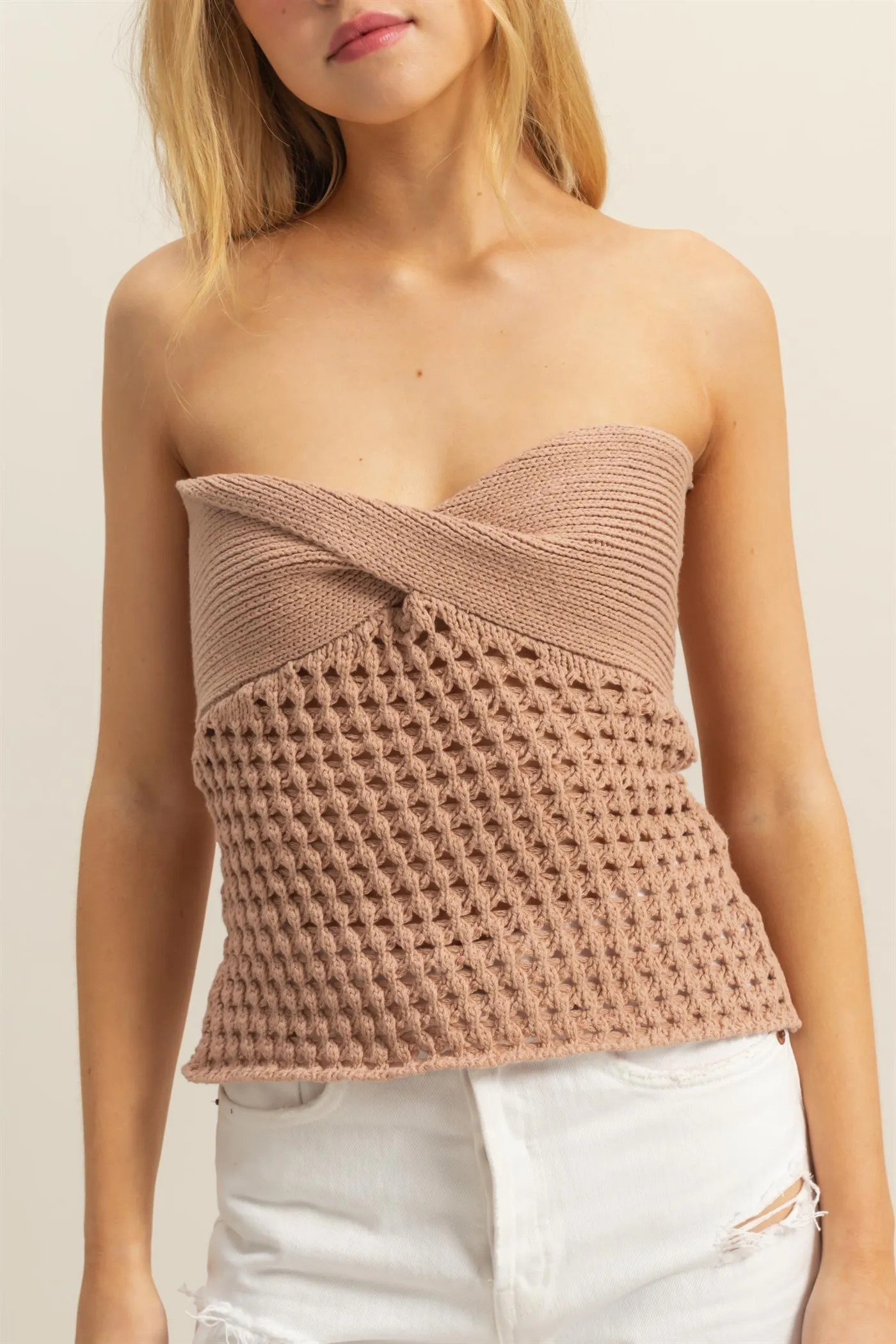 HF25C888-Strapless Twisted Sweater Tube Top