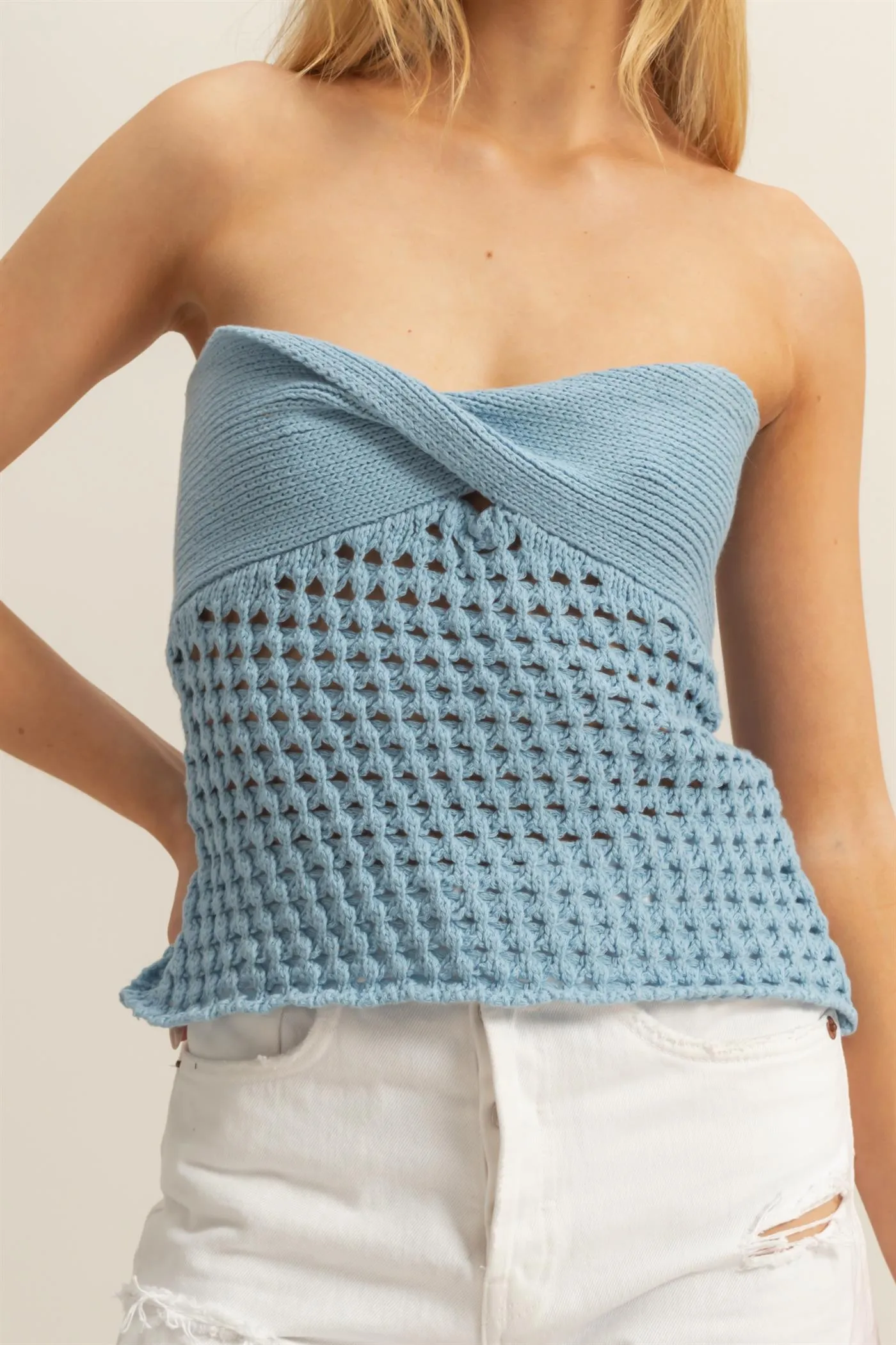 HF25C888-Strapless Twisted Sweater Tube Top