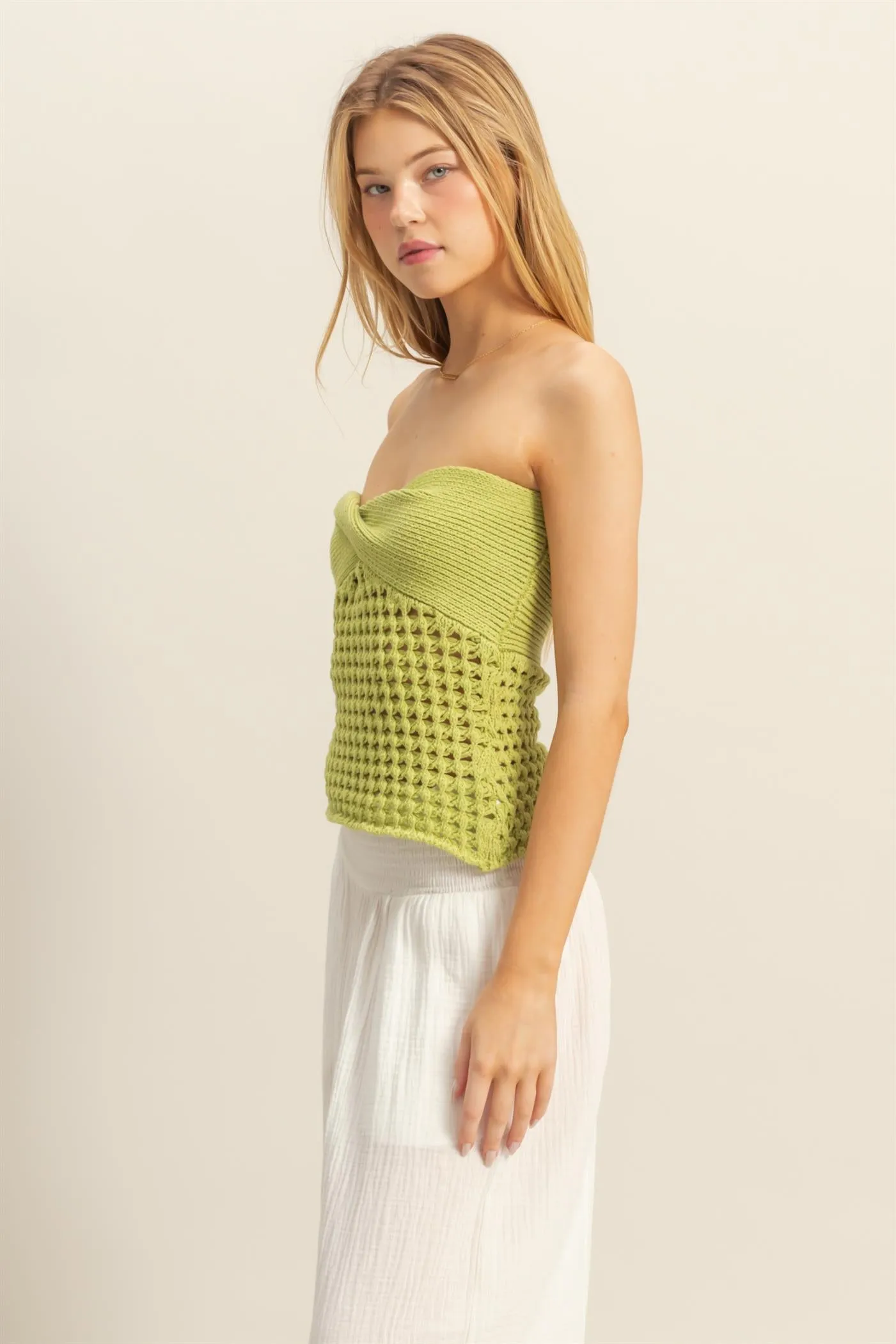 HF25C888-Strapless Twisted Sweater Tube Top