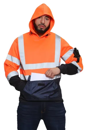 High Vis 3 Flap Pockets Pullover Hoodie - Orange/Navy