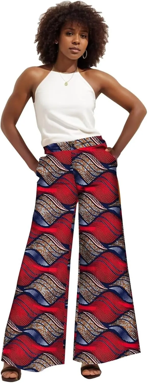 iooiooi Women's Fashion Casual Plus Size African Print Cotton Wide Leg Pants with Pockets