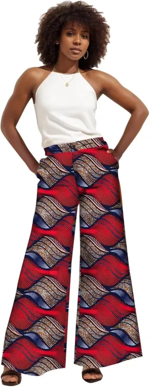 iooiooi Women's Fashion Casual Plus Size African Print Cotton Wide Leg Pants with Pockets