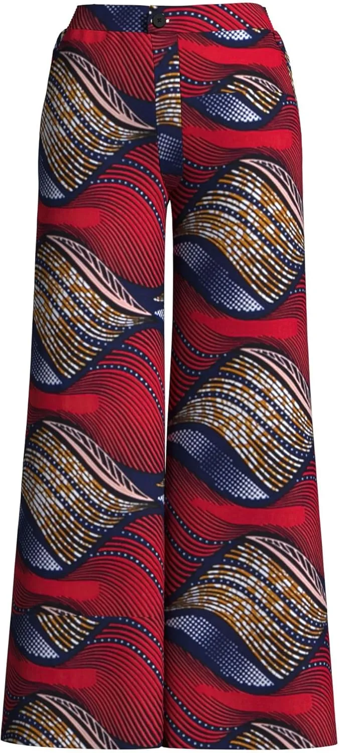 iooiooi Women's Fashion Casual Plus Size African Print Cotton Wide Leg Pants with Pockets