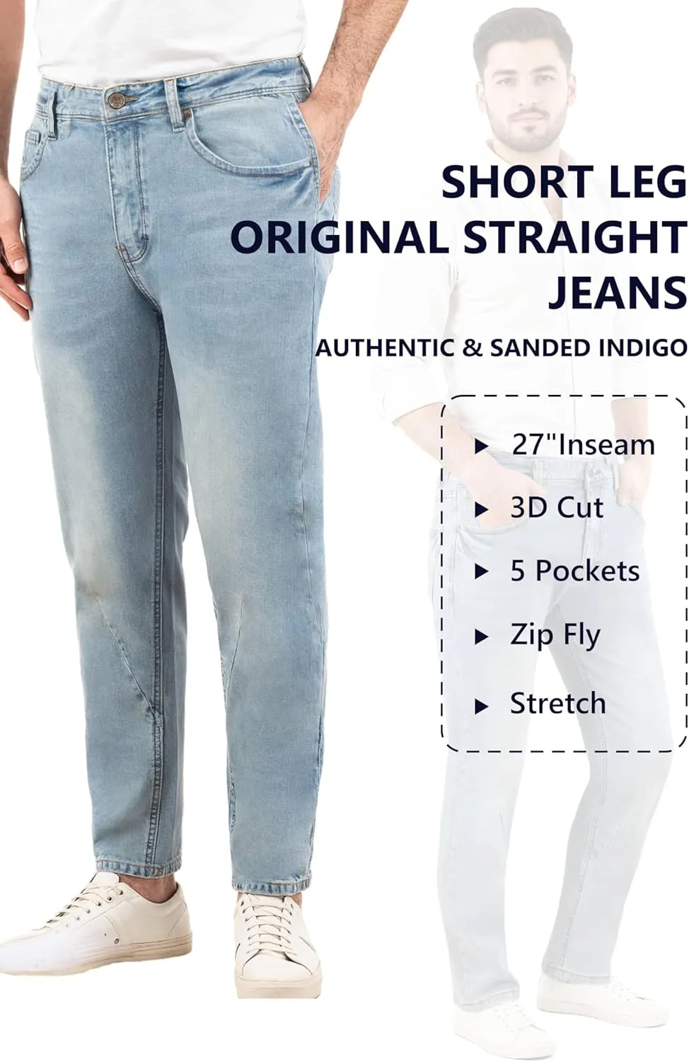 Jeans for Short Men 27" Original Straight Taper Fit Short Length Casual Stretch Denim Pants AT01