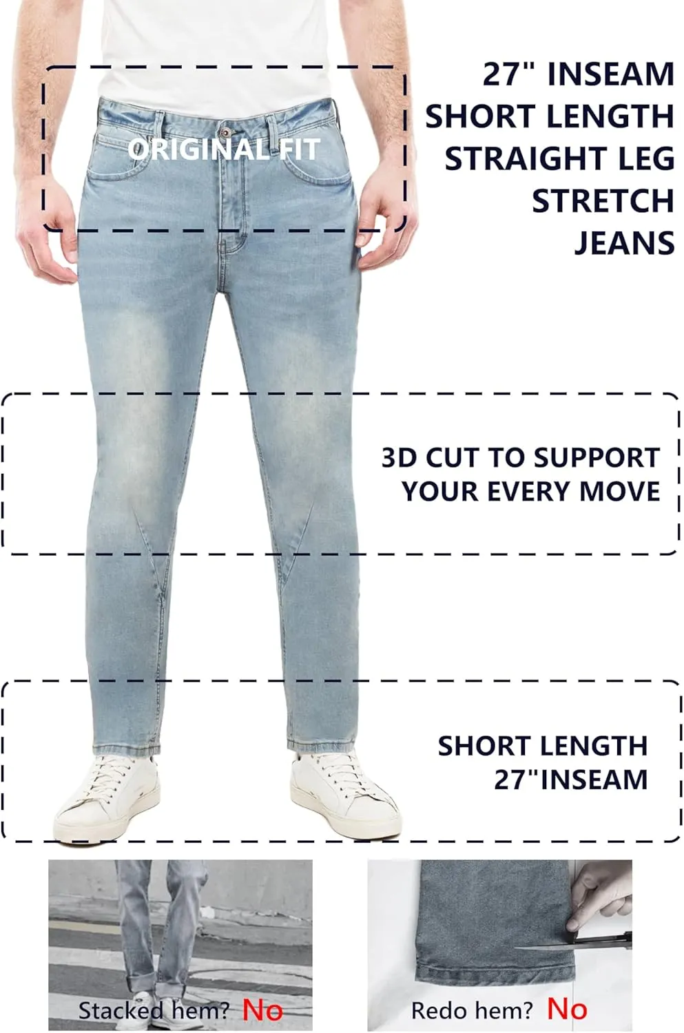 Jeans for Short Men 27" Original Straight Taper Fit Short Length Casual Stretch Denim Pants AT01