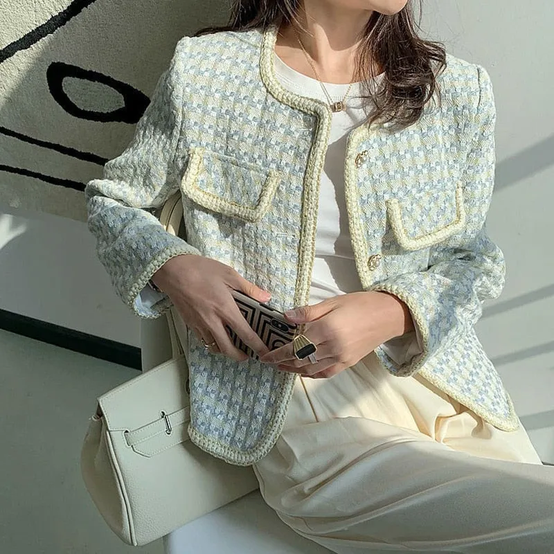 Joskaa Autumn Women's Tweed Jacket French Luxury Elegant Commuter Round Neck Single-breasted Short Top Coat Jackets Fall Outfits 2024