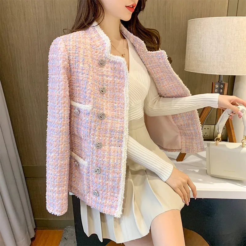 Joskka Autumn New Fashion Women Stand Collar Plaid Yellow Tweed Jacket Pearls Double Breasted Vintage Elegant Ladies Tassels Twill Coat