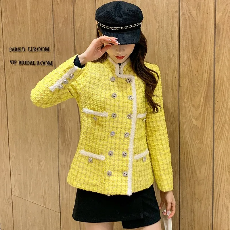 Joskka Autumn New Fashion Women Stand Collar Plaid Yellow Tweed Jacket Pearls Double Breasted Vintage Elegant Ladies Tassels Twill Coat