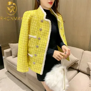 Joskka Autumn New Fashion Women Stand Collar Plaid Yellow Tweed Jacket Pearls Double Breasted Vintage Elegant Ladies Tassels Twill Coat
