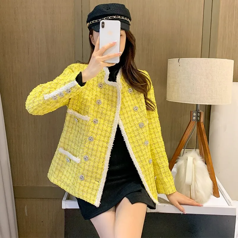 Joskka Autumn New Fashion Women Stand Collar Plaid Yellow Tweed Jacket Pearls Double Breasted Vintage Elegant Ladies Tassels Twill Coat