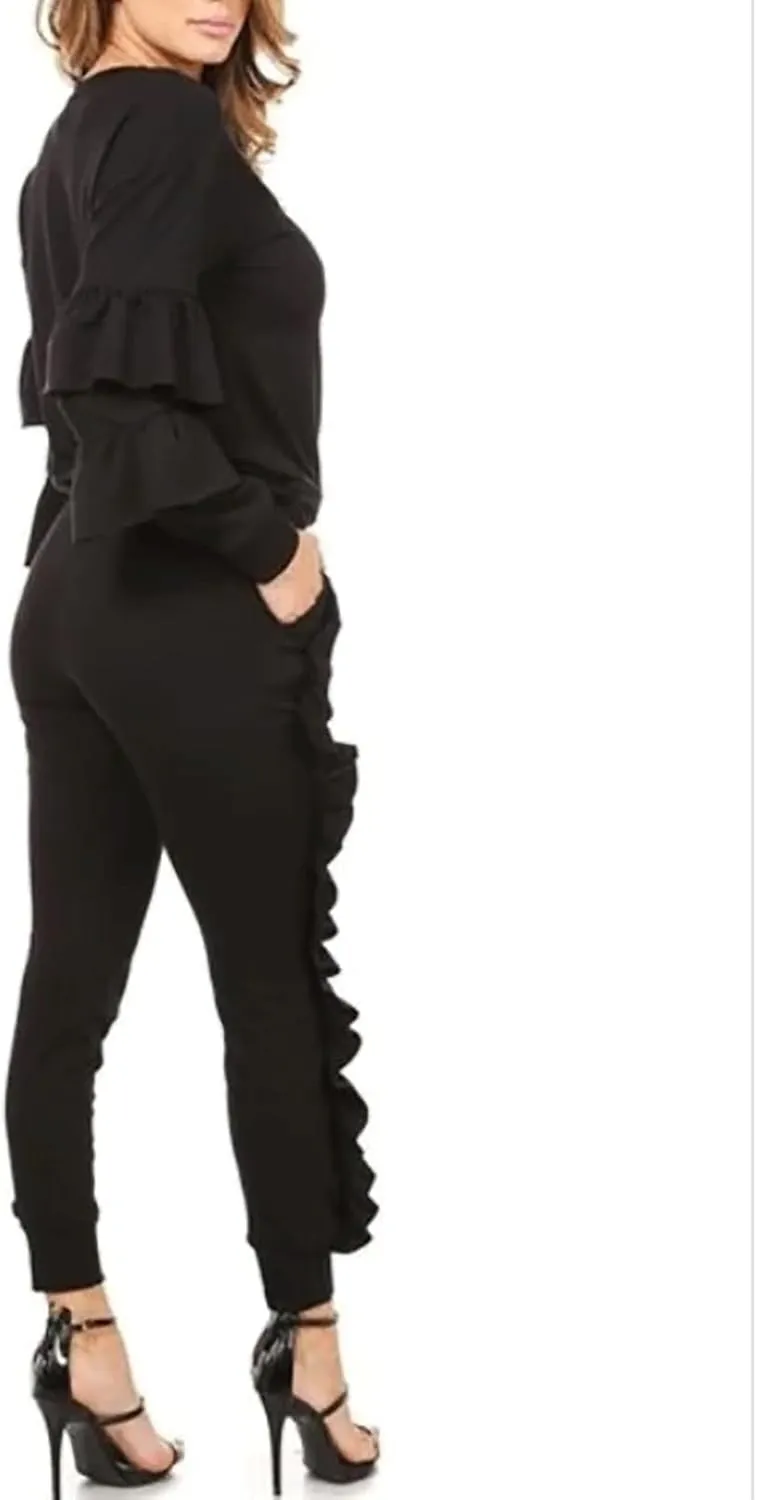 KANSOON Women 2 Pieces Outfits Puff Sleeve Top and Long Flounced Pants Sweatsuits Set Tracksuits