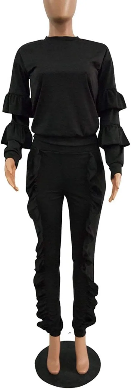 KANSOON Women 2 Pieces Outfits Puff Sleeve Top and Long Flounced Pants Sweatsuits Set Tracksuits