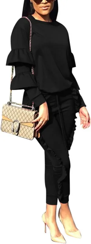 KANSOON Women 2 Pieces Outfits Puff Sleeve Top and Long Flounced Pants Sweatsuits Set Tracksuits