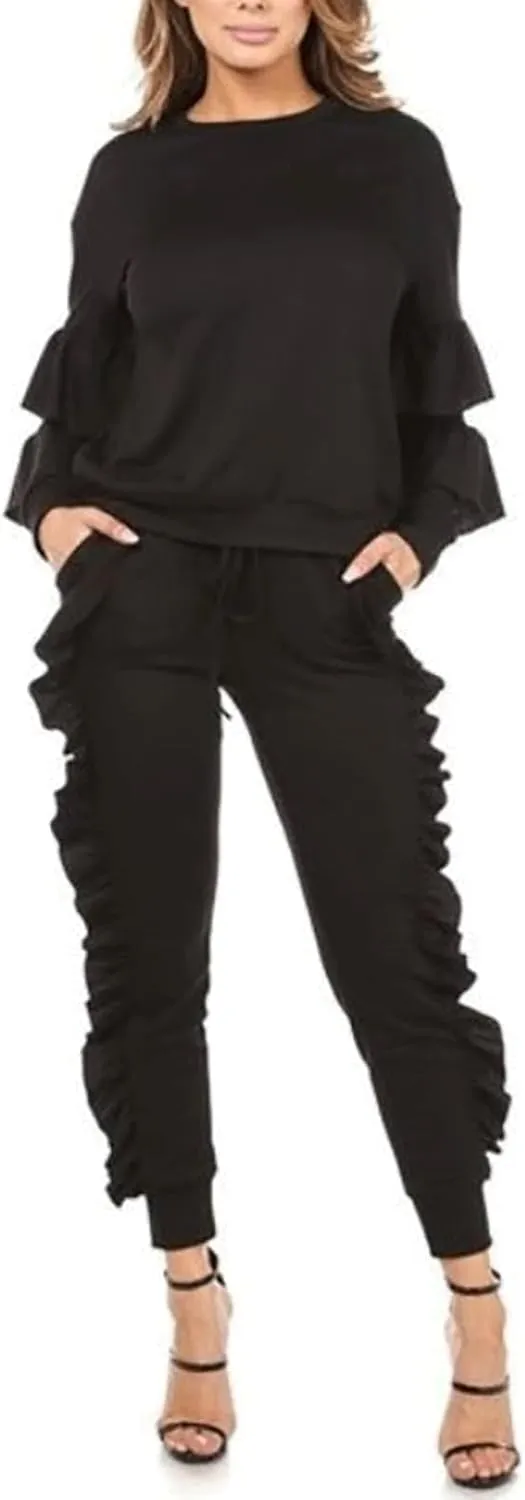 KANSOON Women 2 Pieces Outfits Puff Sleeve Top and Long Flounced Pants Sweatsuits Set Tracksuits