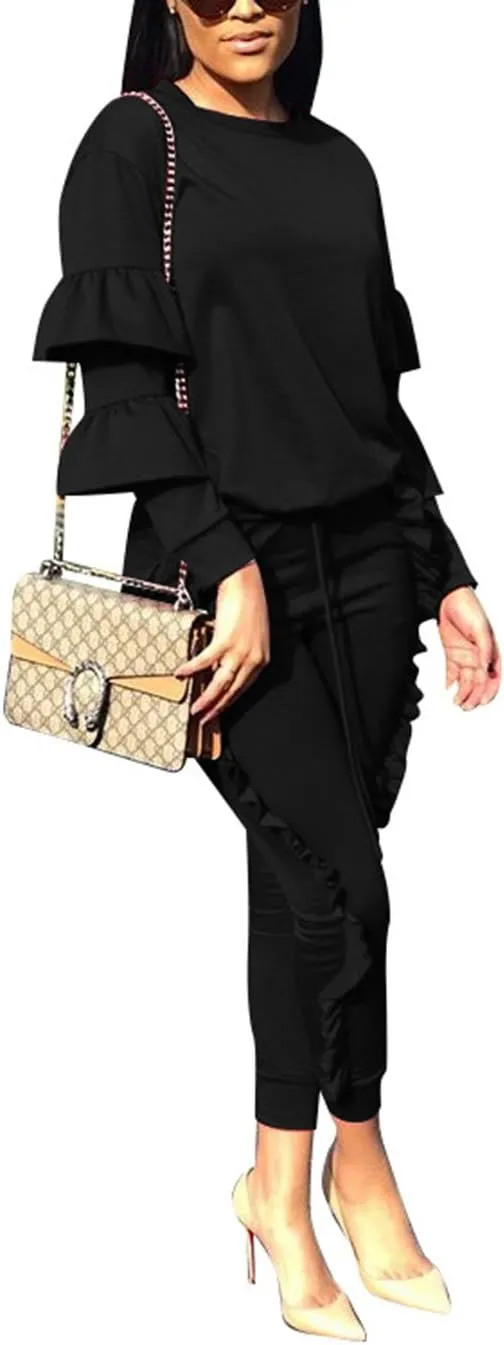 KANSOON Women 2 Pieces Outfits Puff Sleeve Top and Long Flounced Pants Sweatsuits Set Tracksuits
