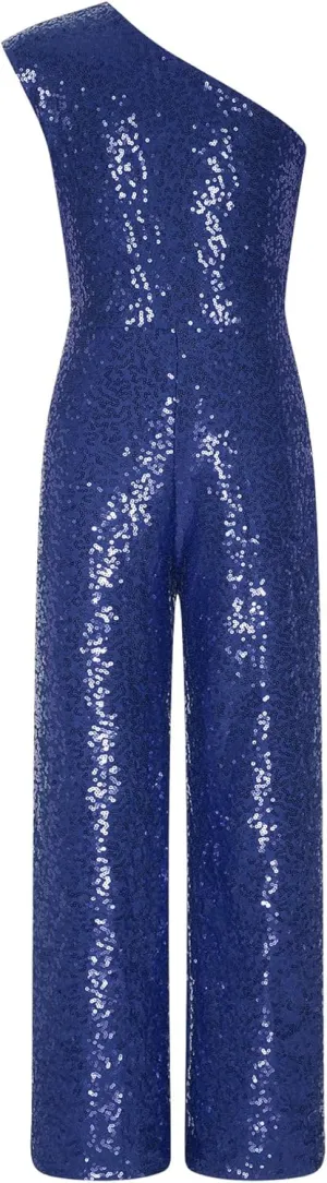 Kids Flower Girls Allover Sequins Jumpsuit One Shoulder Sleeveless Wide Leg Romper Long Pants
