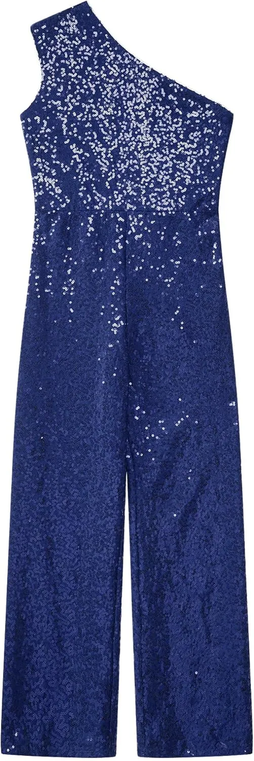 Kids Flower Girls Allover Sequins Jumpsuit One Shoulder Sleeveless Wide Leg Romper Long Pants