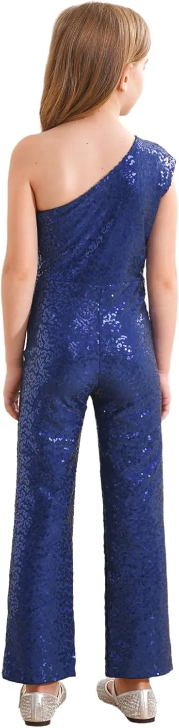 Kids Flower Girls Allover Sequins Jumpsuit One Shoulder Sleeveless Wide Leg Romper Long Pants