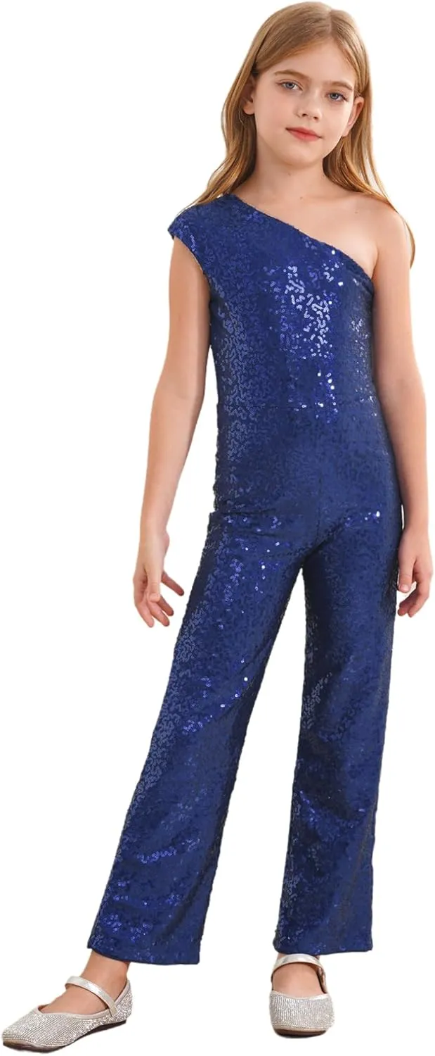 Kids Flower Girls Allover Sequins Jumpsuit One Shoulder Sleeveless Wide Leg Romper Long Pants