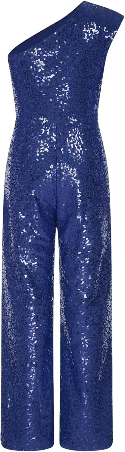 Kids Flower Girls Allover Sequins Jumpsuit One Shoulder Sleeveless Wide Leg Romper Long Pants
