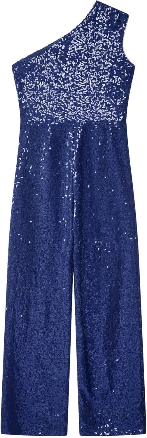 Kids Flower Girls Allover Sequins Jumpsuit One Shoulder Sleeveless Wide Leg Romper Long Pants