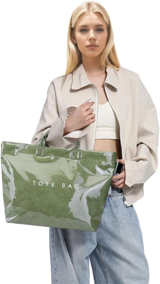 Large PVC Tote Bag for Women Letter Print Kraft Paper Bag Clear Plastic Tote Women's Top Handle Hobo Work Travel Bag