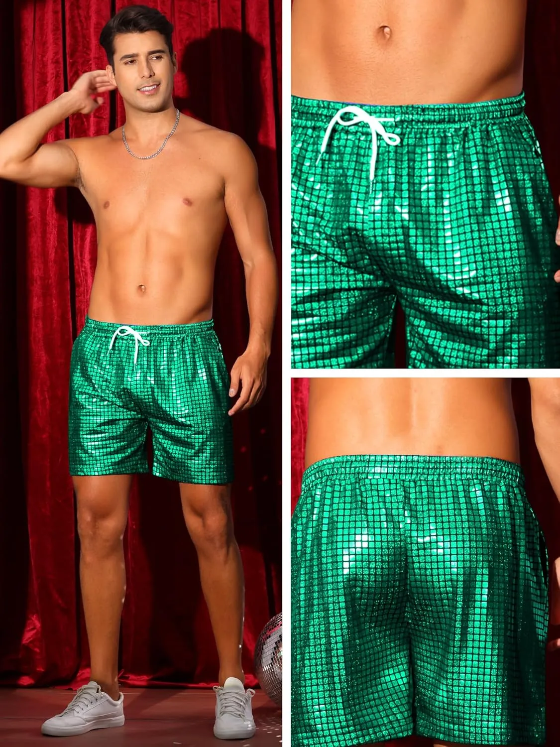 Lars Amadeus Metallic Short Pants for Men's Drawstring Elastic Waist Holographic Party Clubwear Plaid Hot Shorts