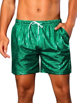Lars Amadeus Metallic Short Pants for Men's Drawstring Elastic Waist Holographic Party Clubwear Plaid Hot Shorts