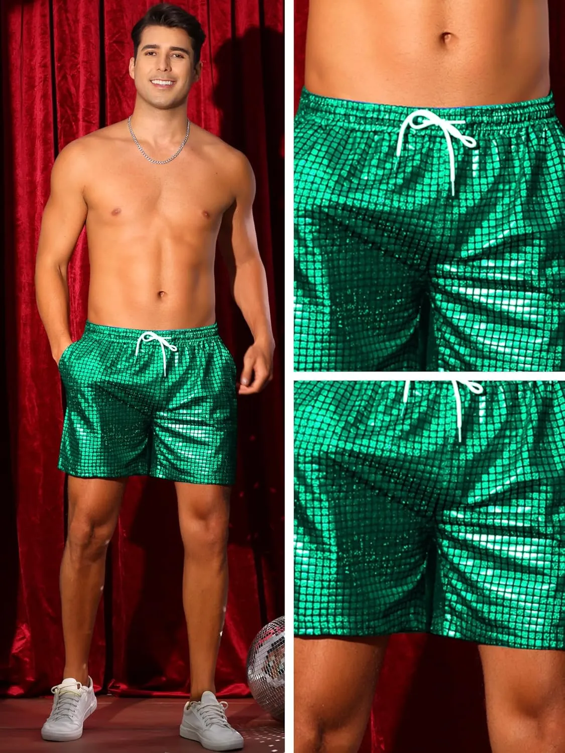 Lars Amadeus Metallic Short Pants for Men's Drawstring Elastic Waist Holographic Party Clubwear Plaid Hot Shorts