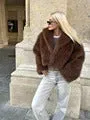 Luxury Lapel Faux Fur Short Coat For Women Casual Fluffy Full Sleeve Warm Female Jacket Autumn Winter Lady Cummuter Outerwear ﻿